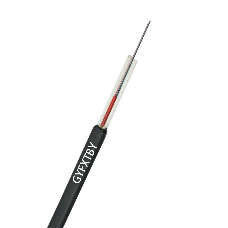 a black GYFXTBY drop cable with visible internal optical fibers