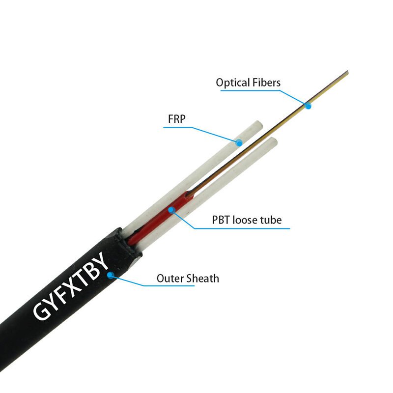 a GYFXTBY fiber optic drop cable showing its internal components: outer sheath, PBT loose tube, FRP strength members, and optical fibers