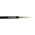 a black GYFXTBY fiber optic drop cable with exposed internal components