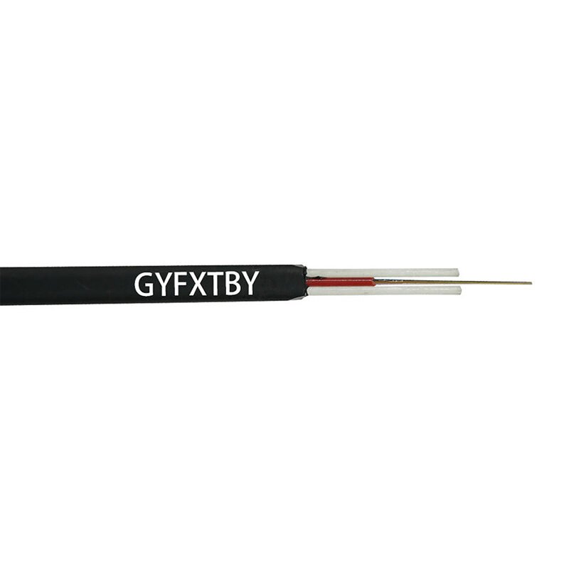 a black GYFXTBY fiber optic drop cable with exposed internal components