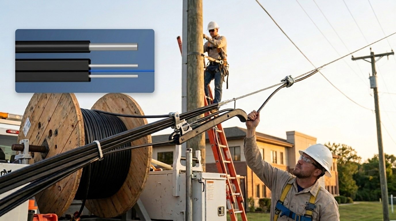 Aerial installation of GJYXCH Drop Cable showing a cross-section of the fiber optic cable and technicians working on a utility pole