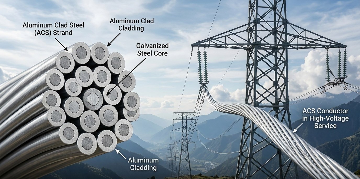application of an ACS Conductor (Aluminum Clad Steel), featuring a multi-strand cable with galvanized steel cores and aluminum cladding used in high-voltage power lines