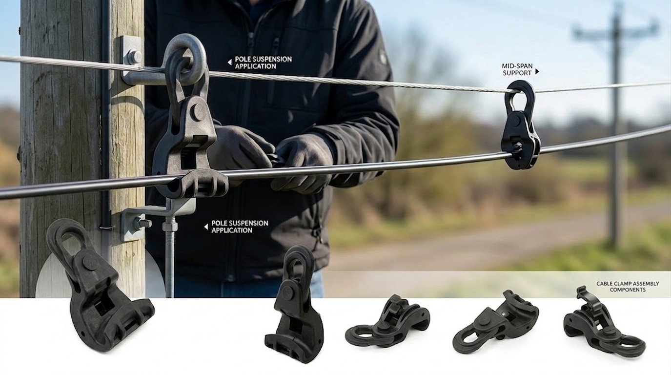 A Black Plastic Suspension Clamp is used in a pole suspension and mid-span application