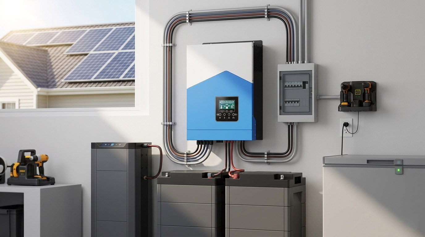 A complete residential solar power system installation featuring a wall-mounted blue and white Off-grid Inverter