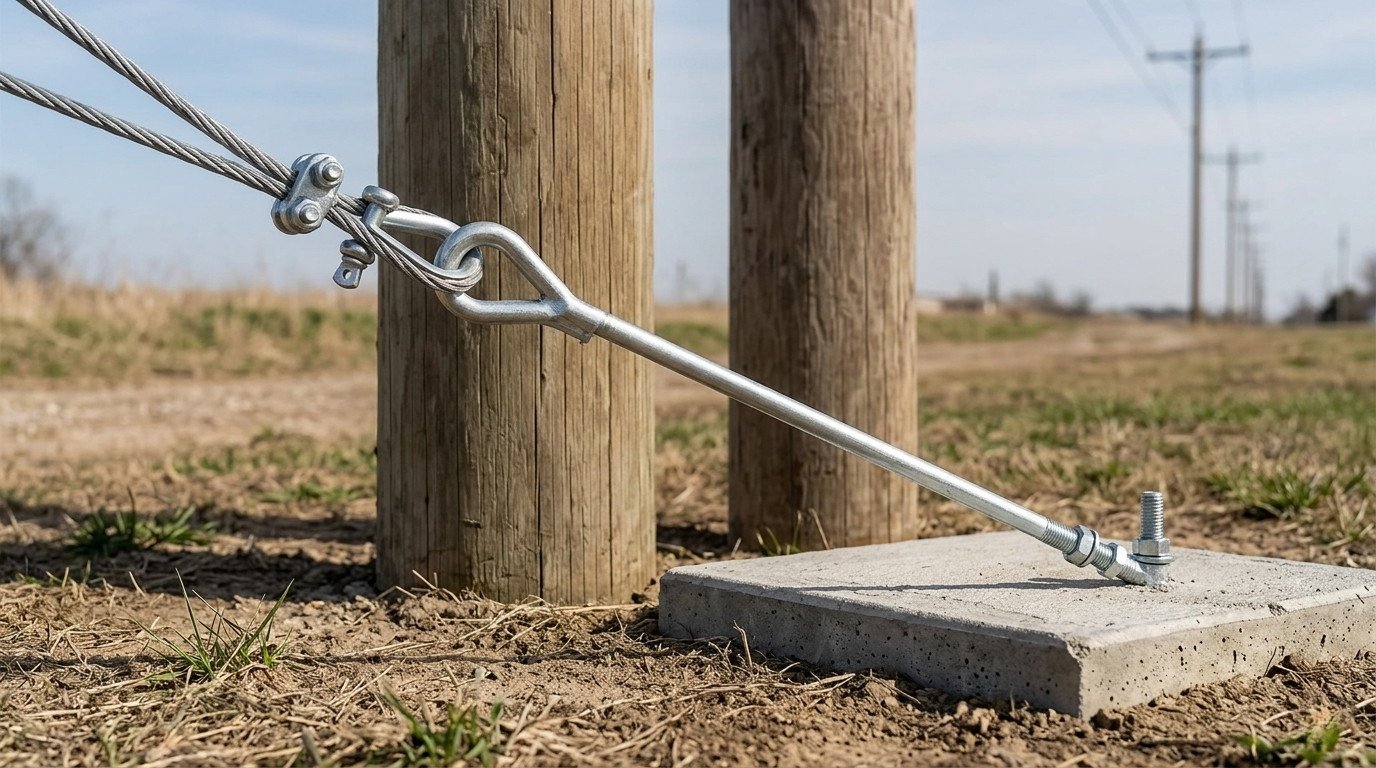 A galvanized steel stay rod installed in a concrete foundation, anchoring a utility pole guy wire.