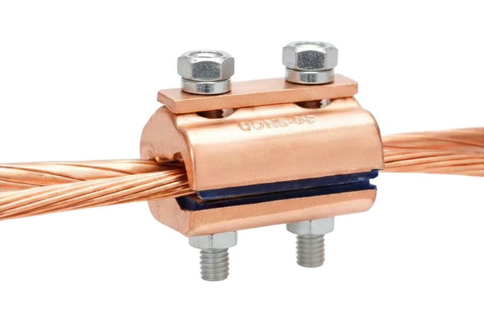 A high-definition product photo of a copper JBT Parallel Groove Connector joining two thick copper cables