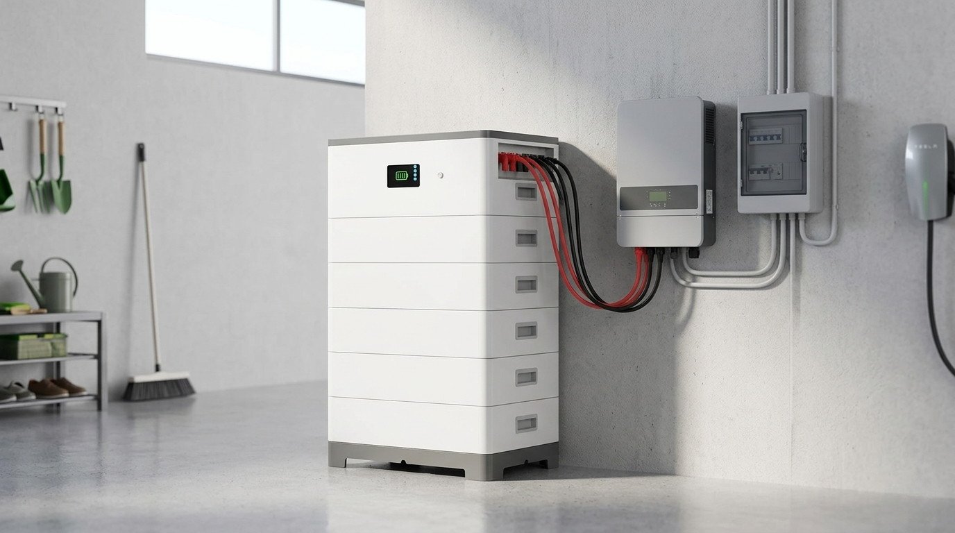 A home garage with a large white stacked battery energy storage system connected by wires to a power inverter and a wall-mounted EV charger