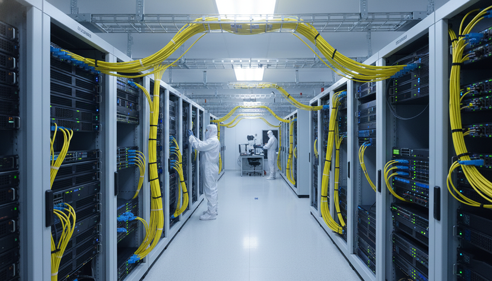 Engineers managing orange GJFDBV Fiber Optic Cable bundles within a high-density data center server room