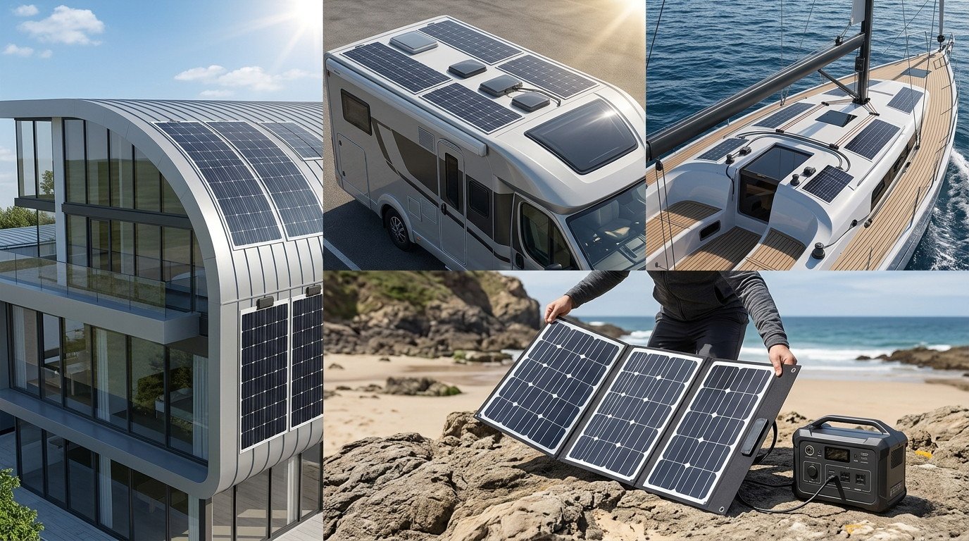 Four-panel split view demonstrating Film Solar Panels in practical applications