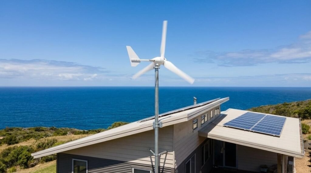 A small horizontal wind turbine and solar panels installed on a modern coastal house overlooking the ocean