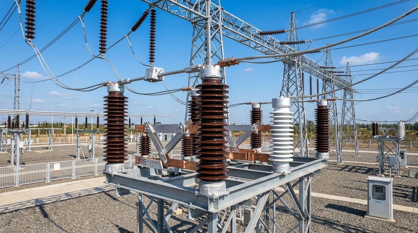 High-voltage Porcelain Post Insulator units with brown and white glazing installed on a substation switchgear structure.