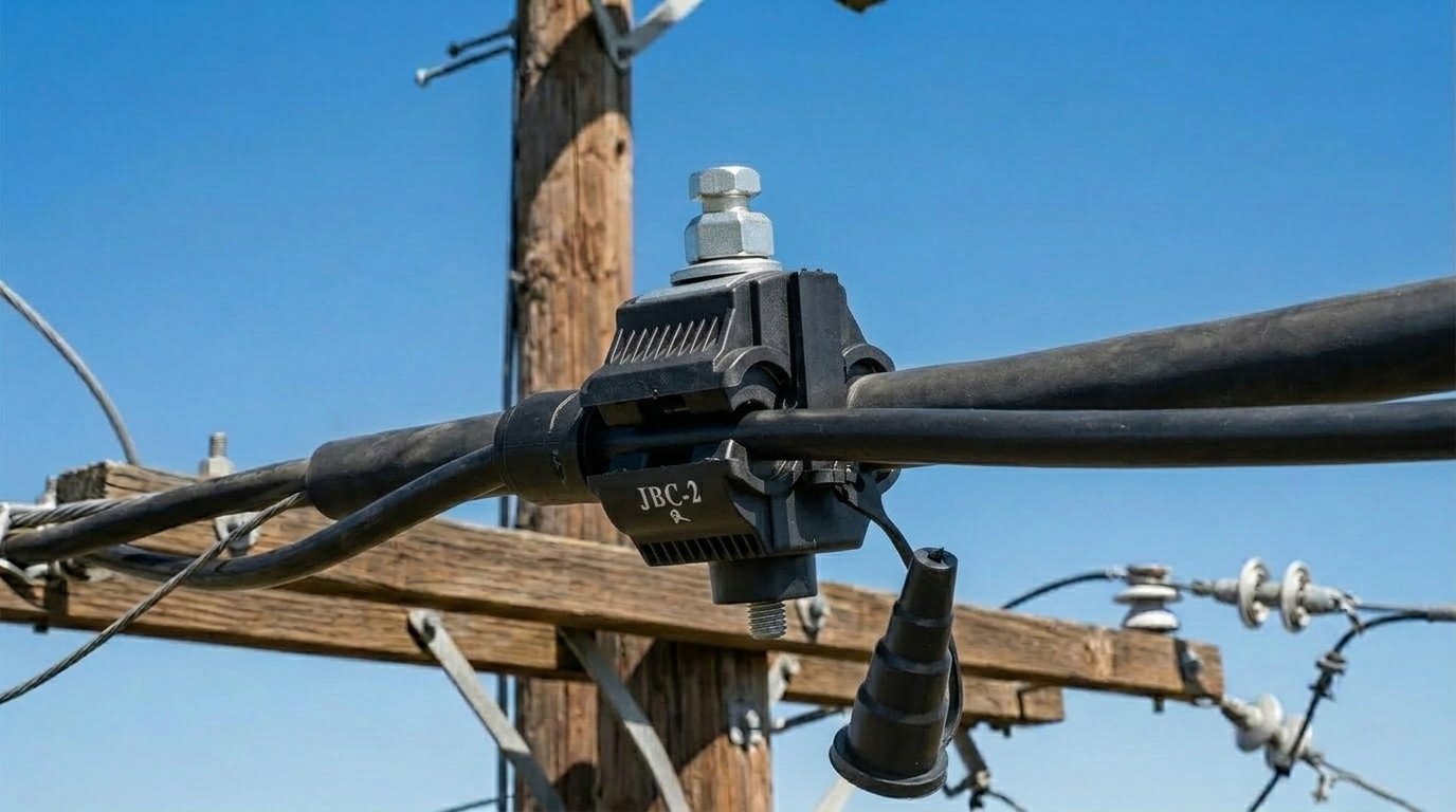 JBC Insulation Piercing Connector installed on an overhead electrical line, featuring its distinct black housing and tightening bolt.