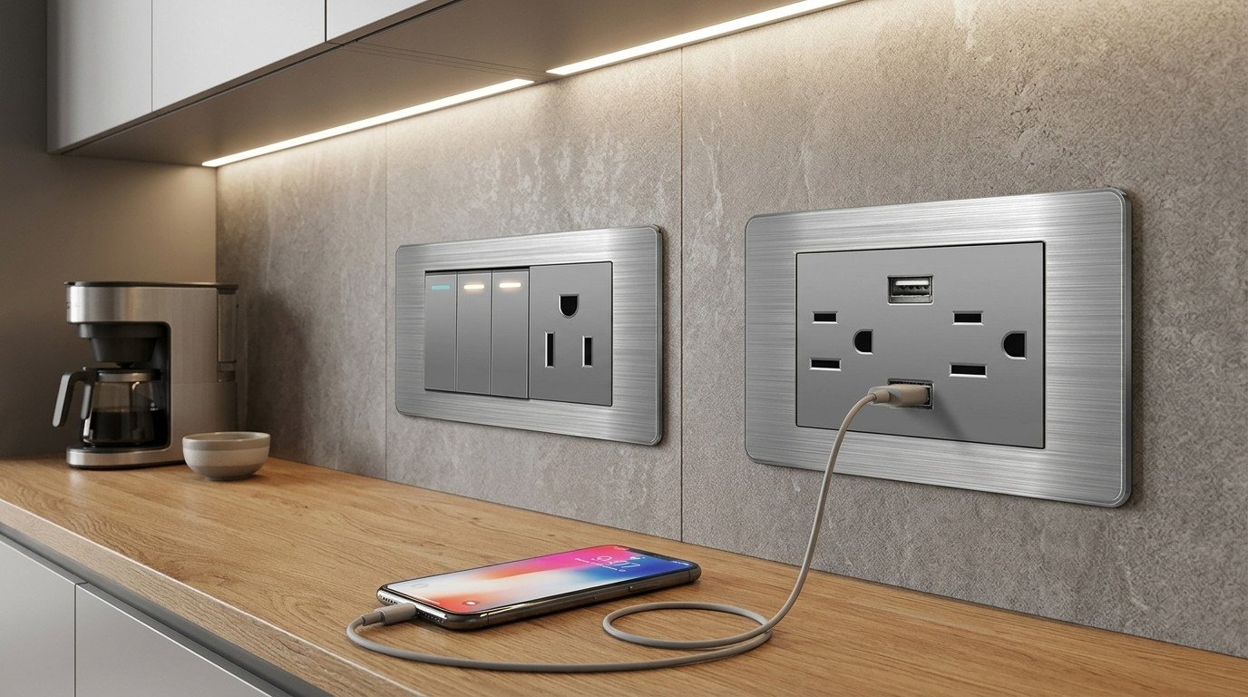 Modern American Switch and Socket combination wall plates in a contemporary kitchen