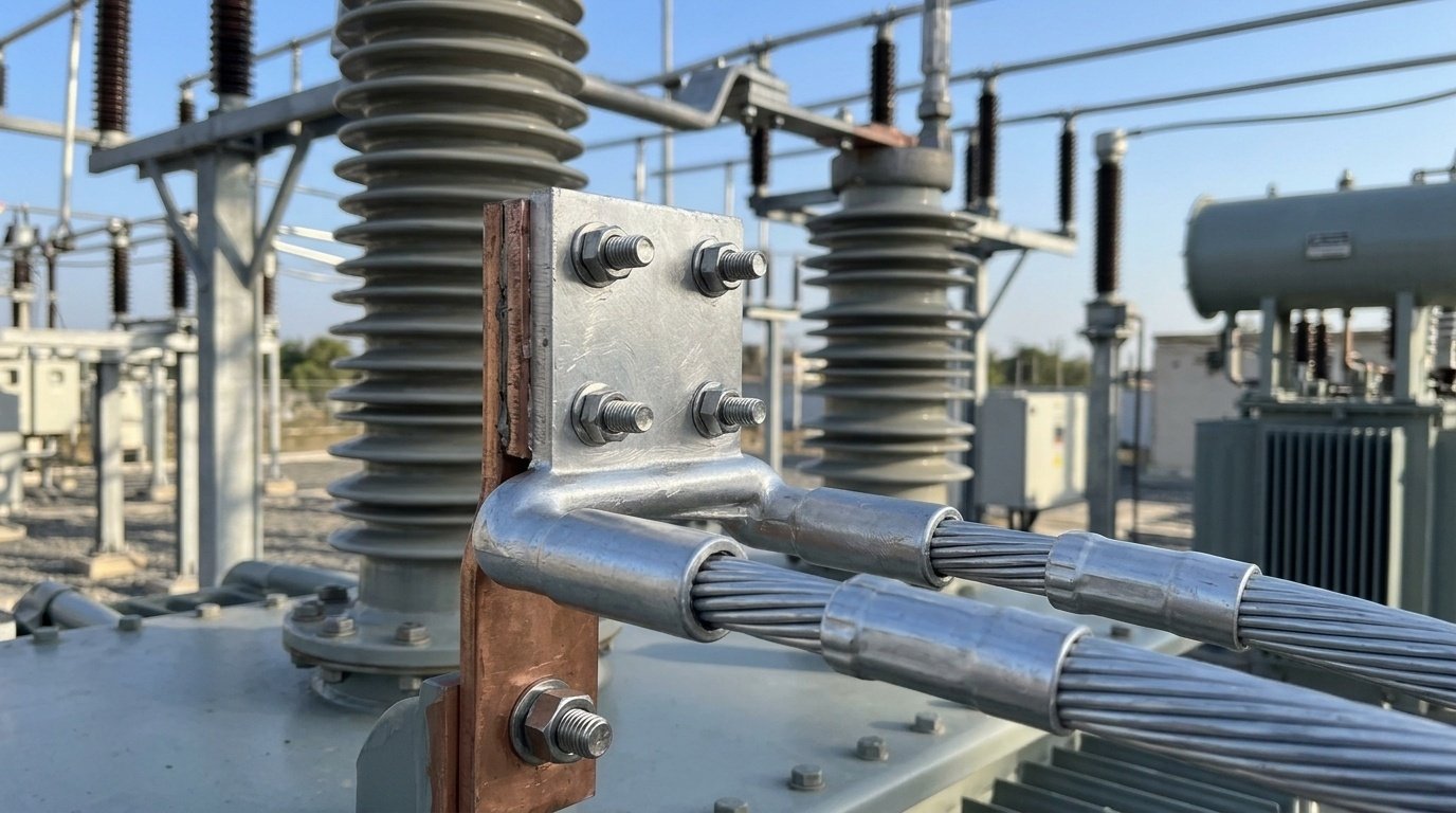 Professional SSY Terminal Clamp installed on a substation transformer terminal, connecting aluminum conductors to a copper busbar