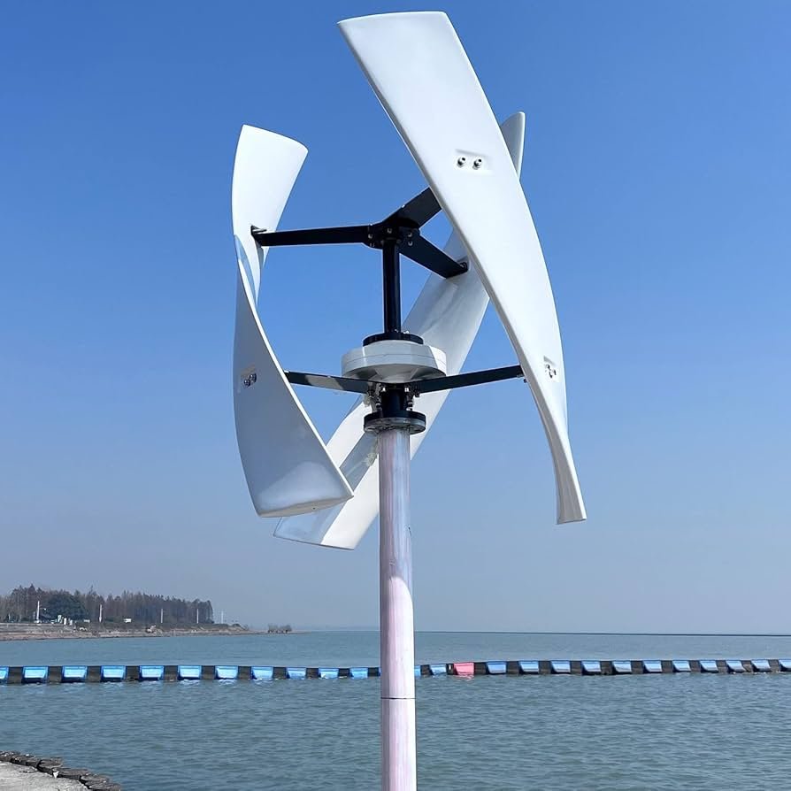 White vertical wind turbine by the water