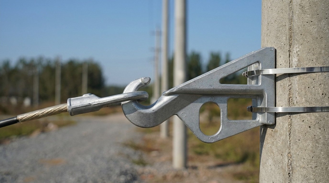 a galvanized metal CS1500C Pole Bracket strapped to a concrete utility pole with steel bands, holding a tensioned cable