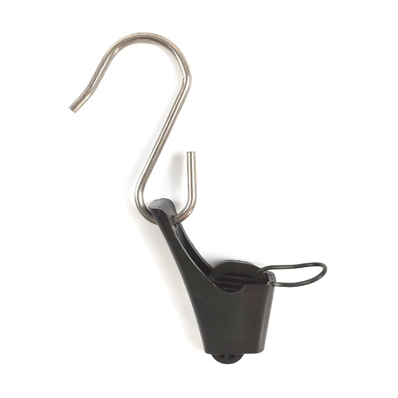 Black plastic drop wire clamp with steel hook