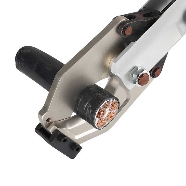 an Electrical Hydraulic Cutter stripping insulation from a thick electrical cable, revealing six copper conductors.