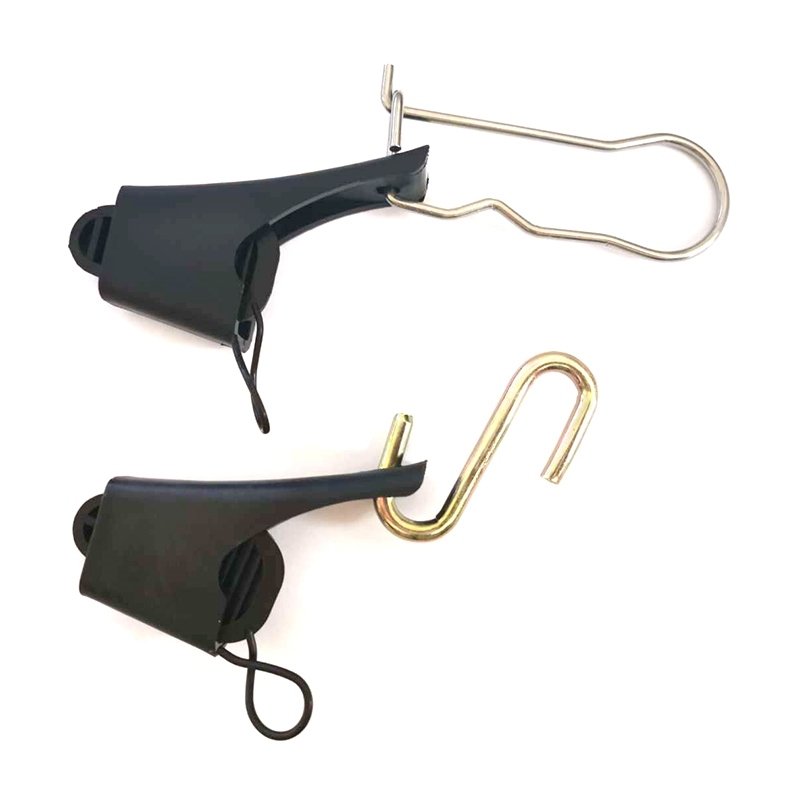 wo black plastic wire anchors with different steel hooks, one S-shaped and one U-shaped