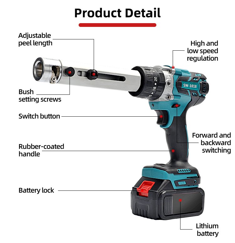Rechargeable Wire Stripper with adjustable peel length, high/low speed regulation, forward/backward switching, rubber-coated handle, and lithium battery
