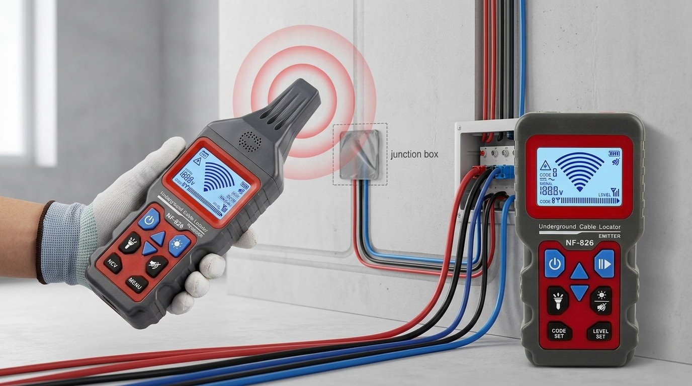 A technician using the Underground Cable Locator NF-826 to detect hidden electrical lines and a junction box inside a wall