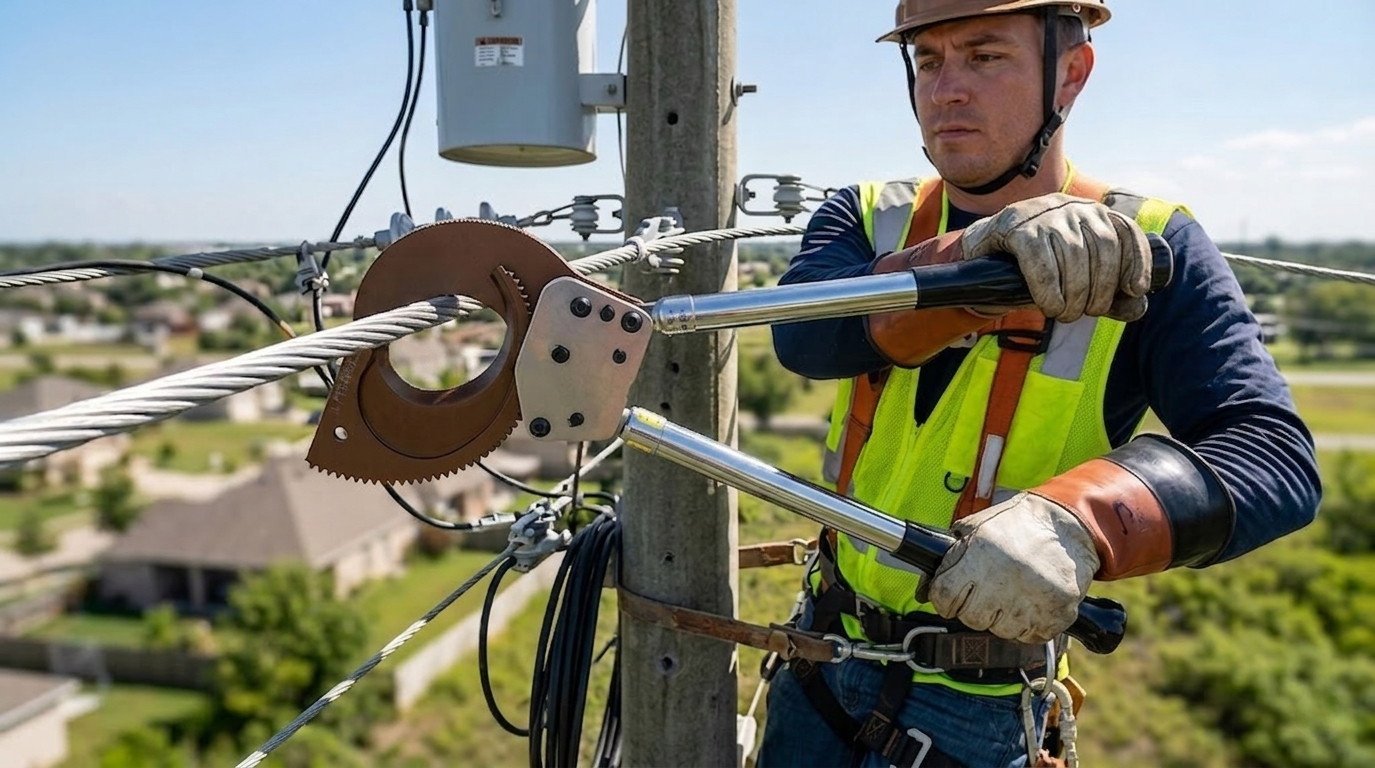 A utility worker using an EPCOM Extendible Ratchet Cable Cutter to cut a heavy-duty cable on a power pole.