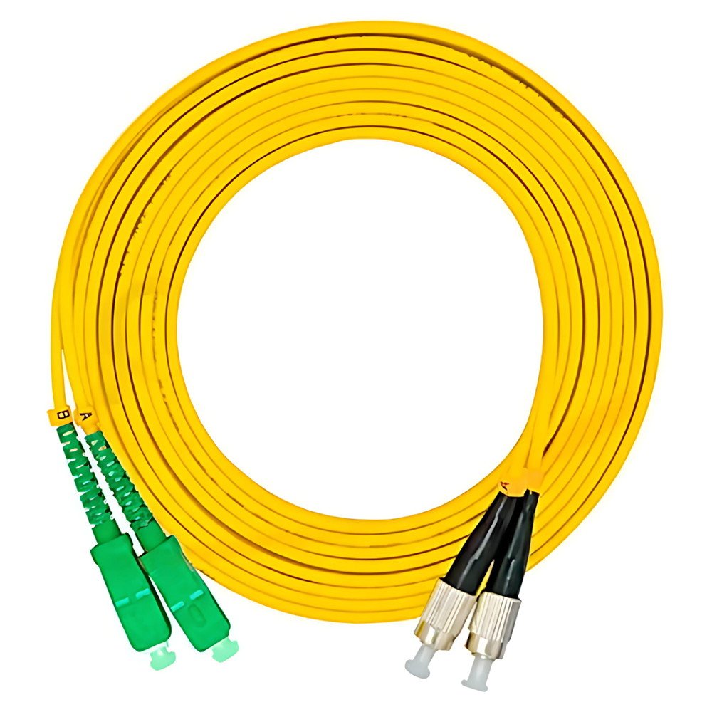 A yellow SC-ST Patch Cord with a single blue SC connector and a single metallic ST connector