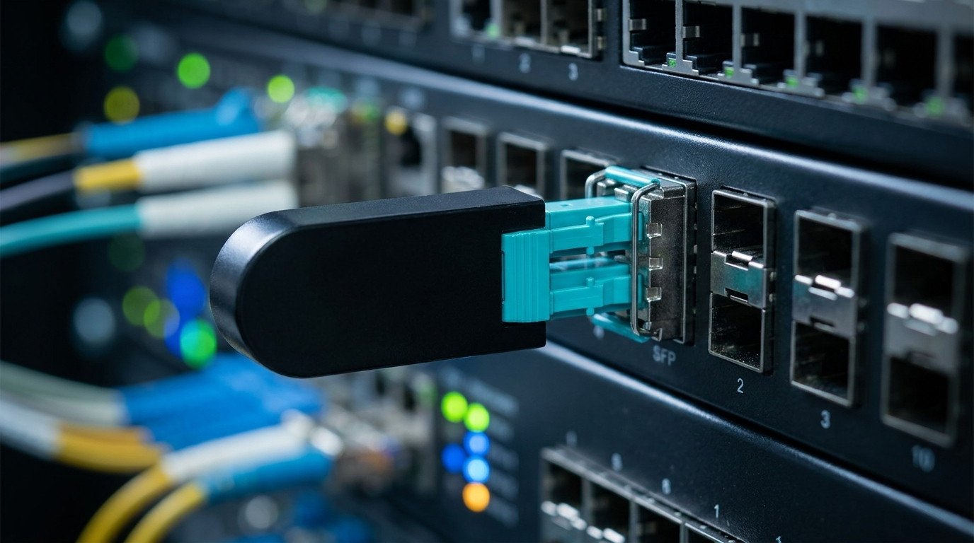 An LC Optical Loopback device with a black shell plugged into an SFP transceiver module.