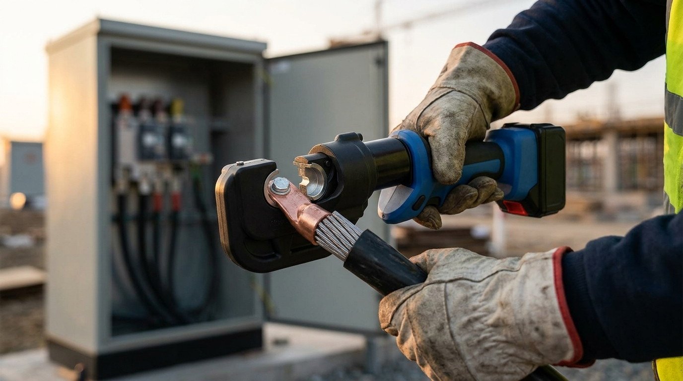 Battery Powered Hydraulic Crimper used by a technician to secure a cable terminal in an industrial setting.