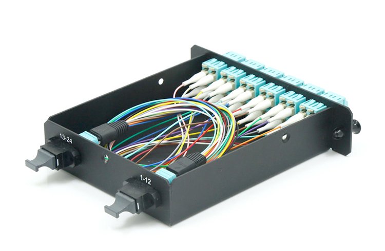 Black MPO/MTP Module Cassette with internal fiber optic fan-out to LC connector