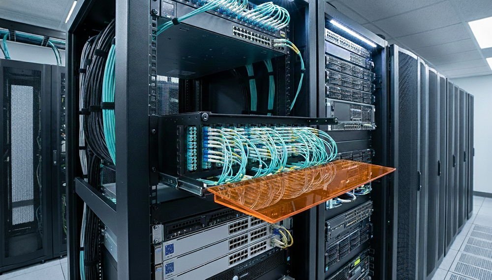 High-density 3U MPOMTP Patch Panel installed in a 19-inch server rack with aqua fiber optic cabling and a sliding tray mechanism
