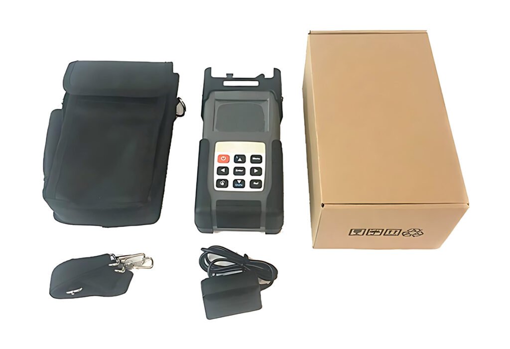 MPO/MTP Optical Power Meter kit, including the device, carrying case, charger, and an additional accessory case, displayed next to its retail box