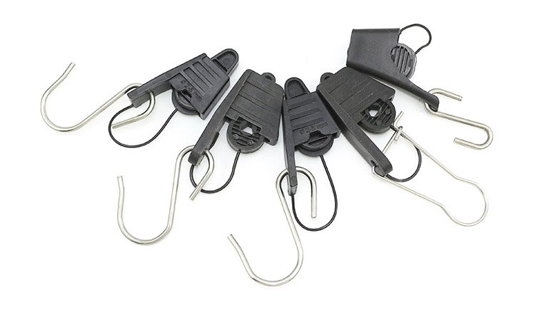 Plastic drop wire clamp with steel hook for securing fiber optic cables