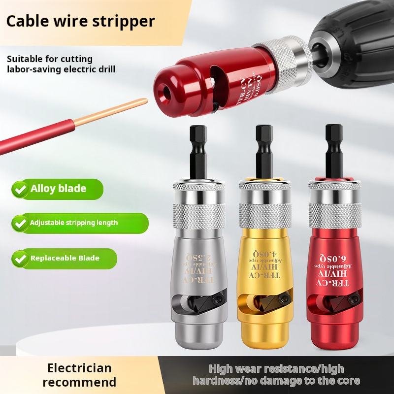 Rotary Wire Stripper tool set in silver, gold, and red, designed for high-precision electrical cable stripping and compatible with electric drills.