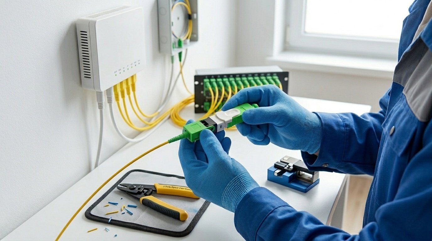 Technician installing a Square SC Fast Connector onto a yellow fiber optic cable in an FTTH network setting