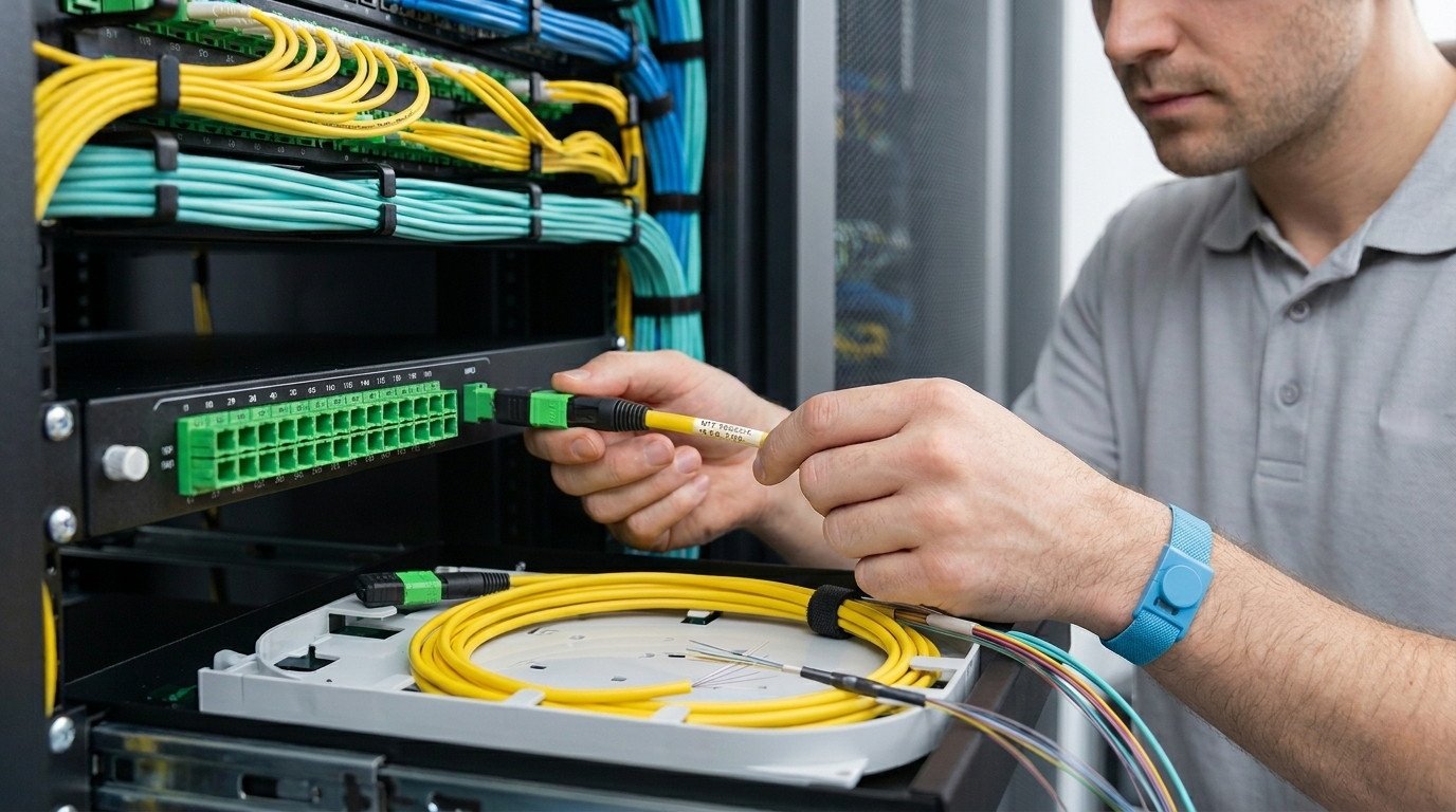 Technician installing an MPOMTP pigtail in a data center server rack.