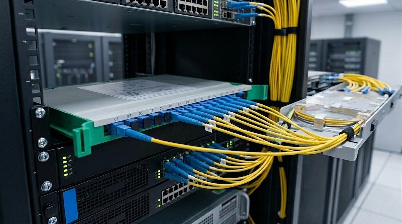Tray Assembly PLC Splitter installed in a fiber optic distribution rack with yellow cables and blue connectors