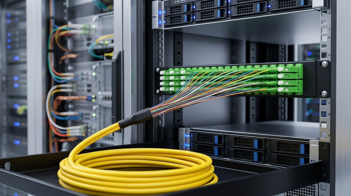 a 24C SC Fan-out Pigtail with yellow main cable and multi-colored sub-cables, neatly plugged into a rack-mounted patch panel inside a data center