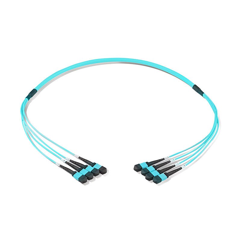 A light blue, round 48-core MPO/MTP fiber optic breakout cable