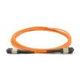 An orange, coiled 12 Fiber MPO/UPC patch cord with standard male connectors and multimode OM1 fibe