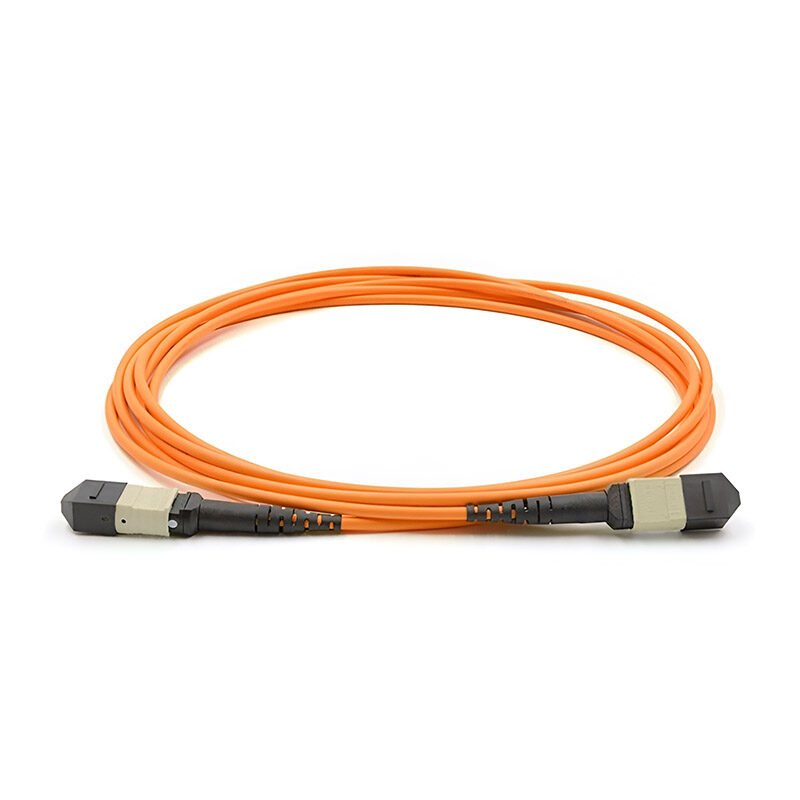 An orange, coiled 12 Fiber MPO/UPC patch cord with standard male connectors and multimode OM1 fibe