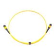 A yellow, coiled single mode MPO/MTP fiber optic cable with male connectors