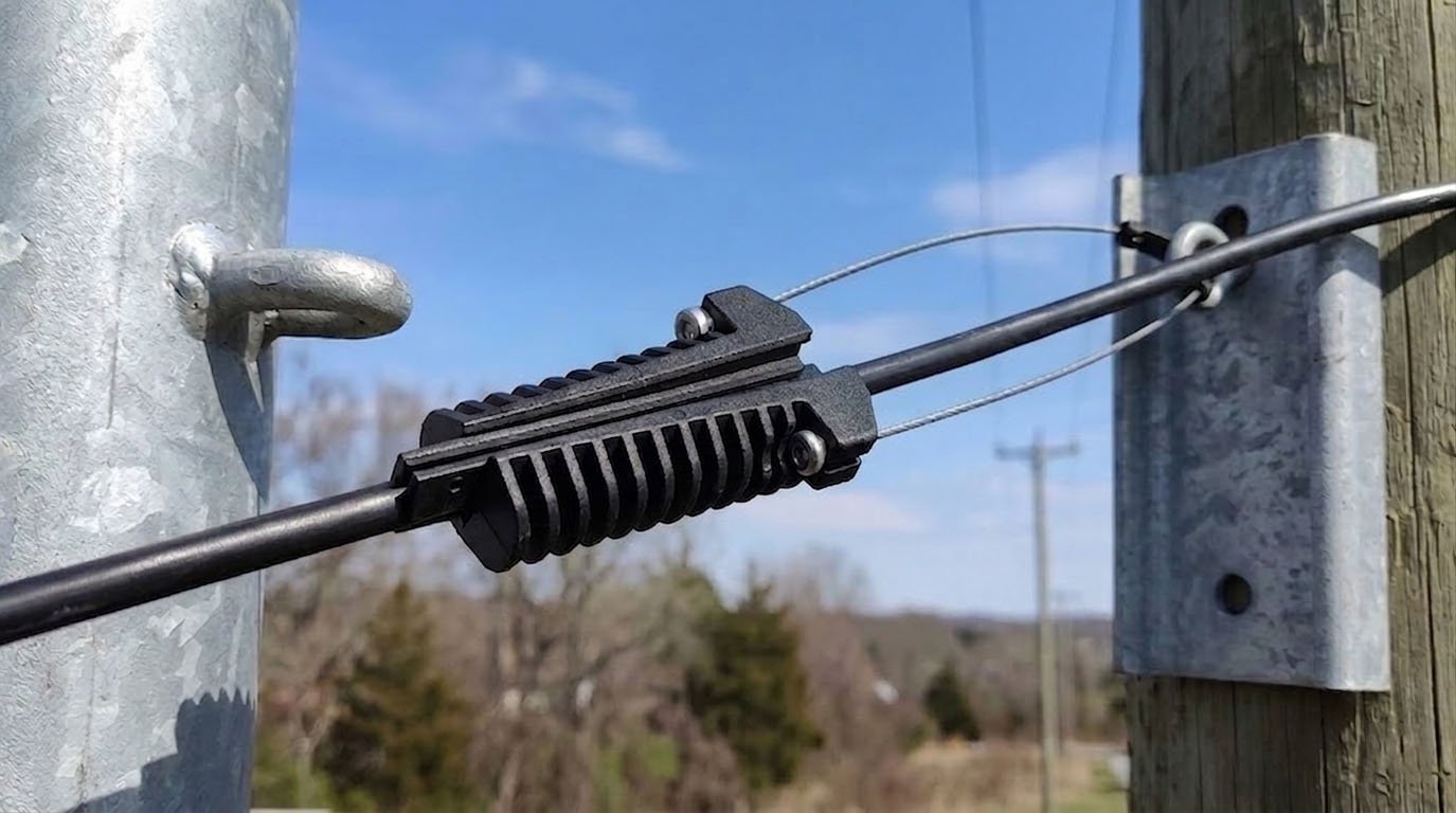 the PA300 Anchor Clamp secured to a utility pole, holding the ADSS fiber cable