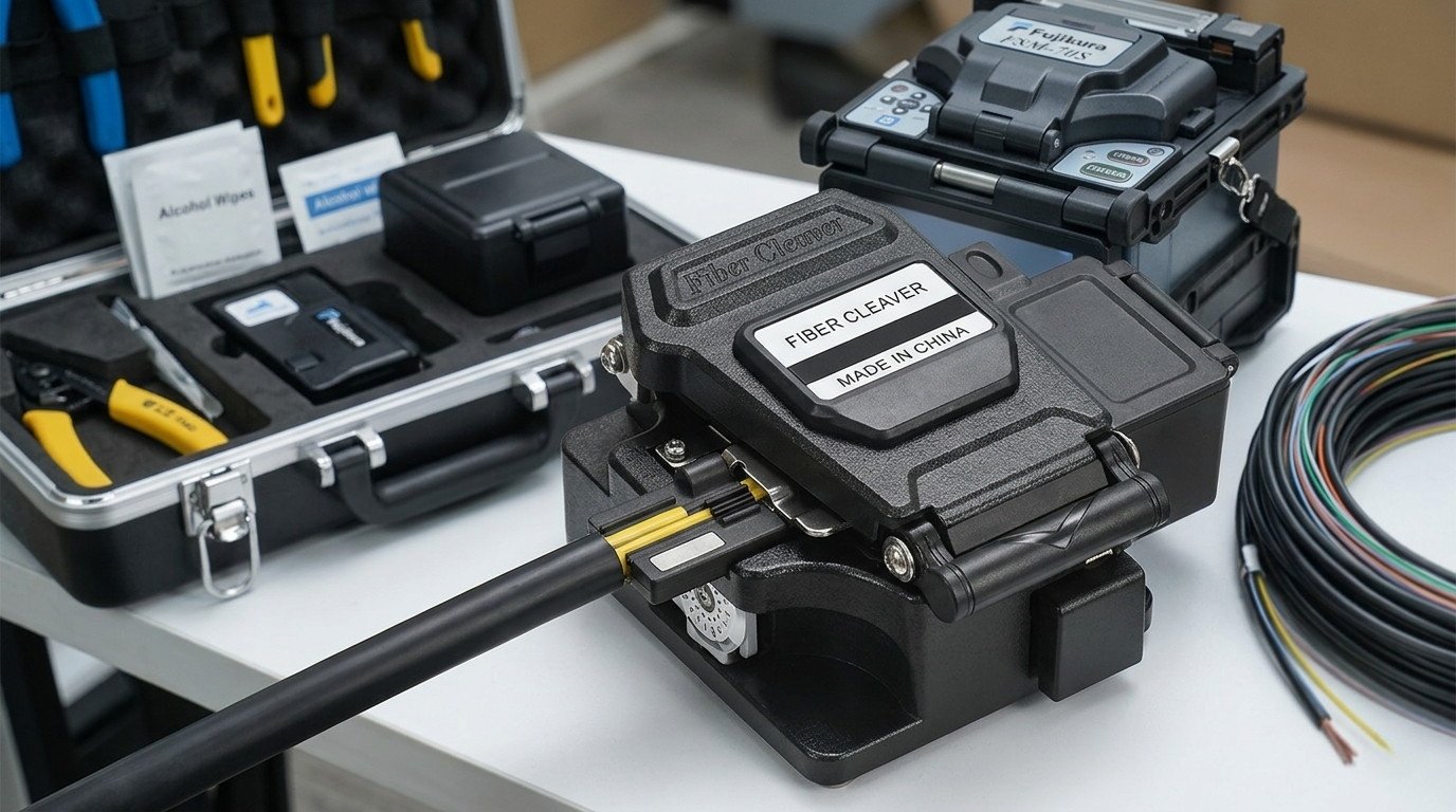 A 3-In-1 Fiber Cleaver placed on a professional workbench with an optical fusion splicer and tool kit in the background.