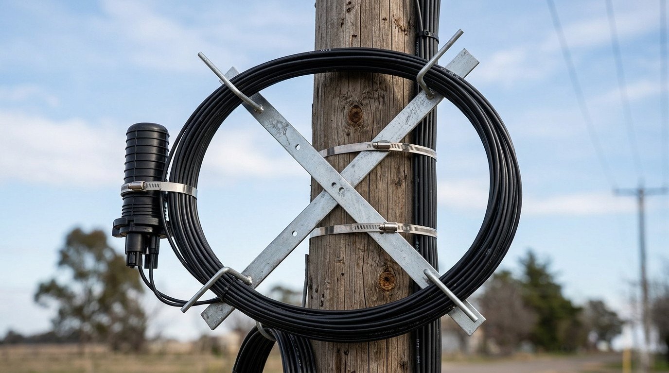 A Cable Storage Rack mounted on a utility pole, securely holding a coiled fiber optic cable and a splice closure