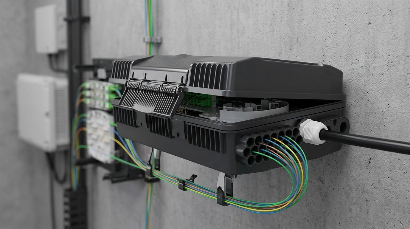 A black 24 Cores Termination Box is mounted on a concrete wall, with multi-colored fiber cables routed out of the bottom port