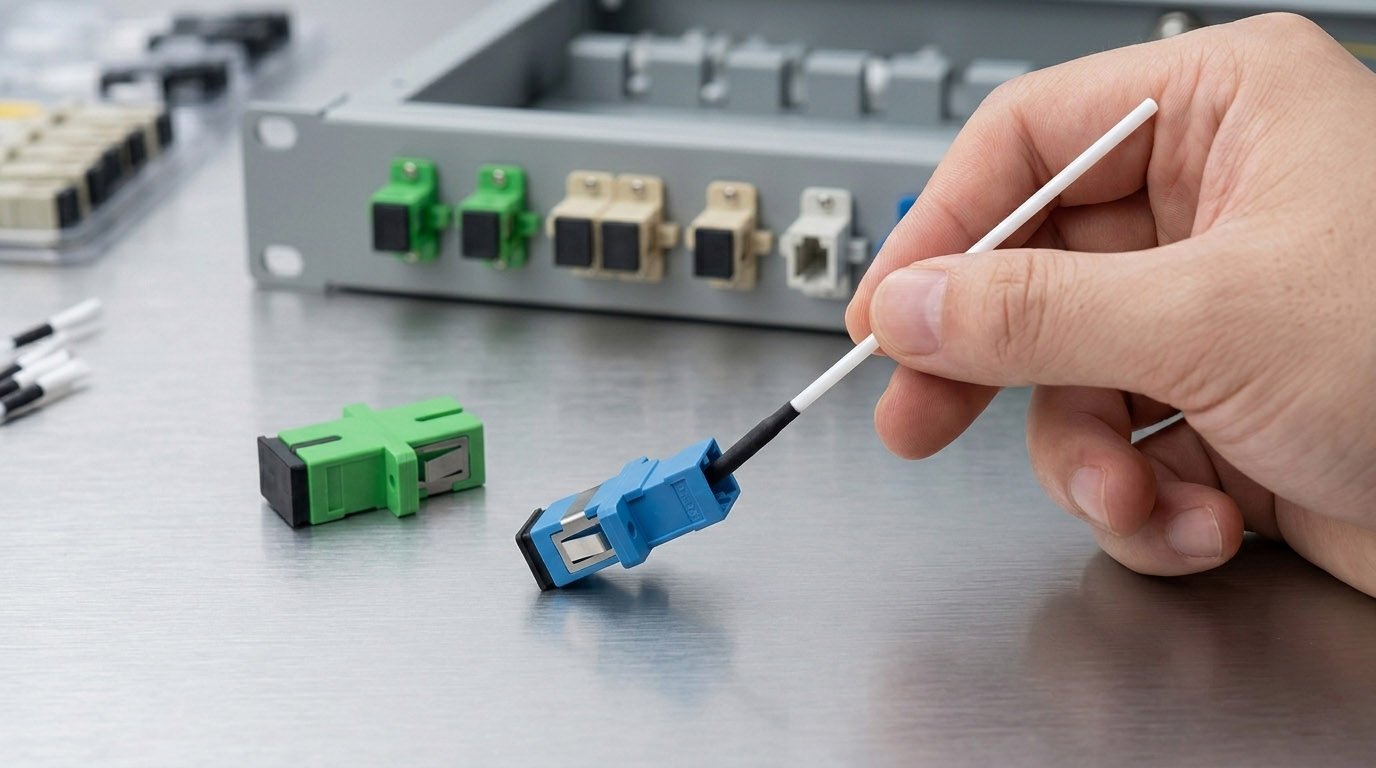A hand holds a 2.5mm cleaning stick to clean a blue fiber optic adapter on a metal surface, with other adapters and tools in the background