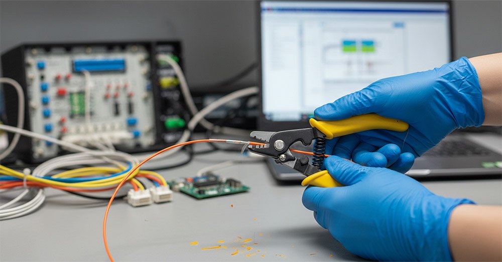 A technician in blue gloves using a yellow-handled optical fiber stripper to remove the coating from an orange cable in a laboratory setting