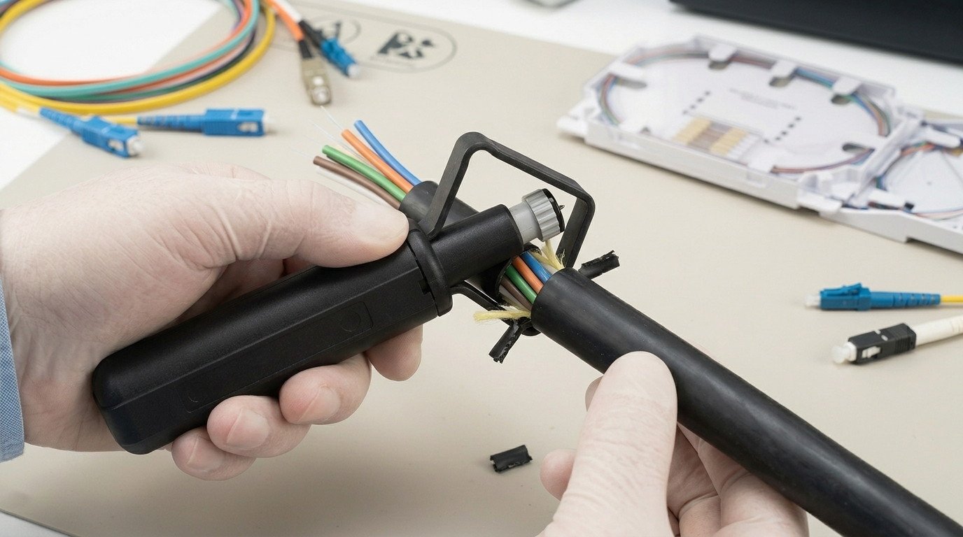 A technician using a 19-40mm Round Cable Stripper to precisely remove the outer jacket from a thick fiber optic cable.