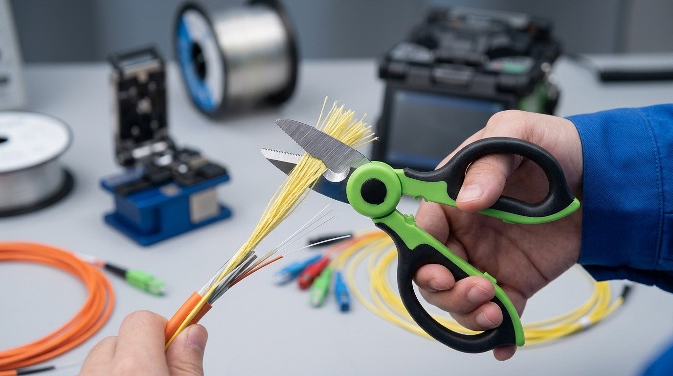 A technician using a Fiber Optic Kevlar Cutter to trim yellow aramid yarn from an optical cable on a professional workbench